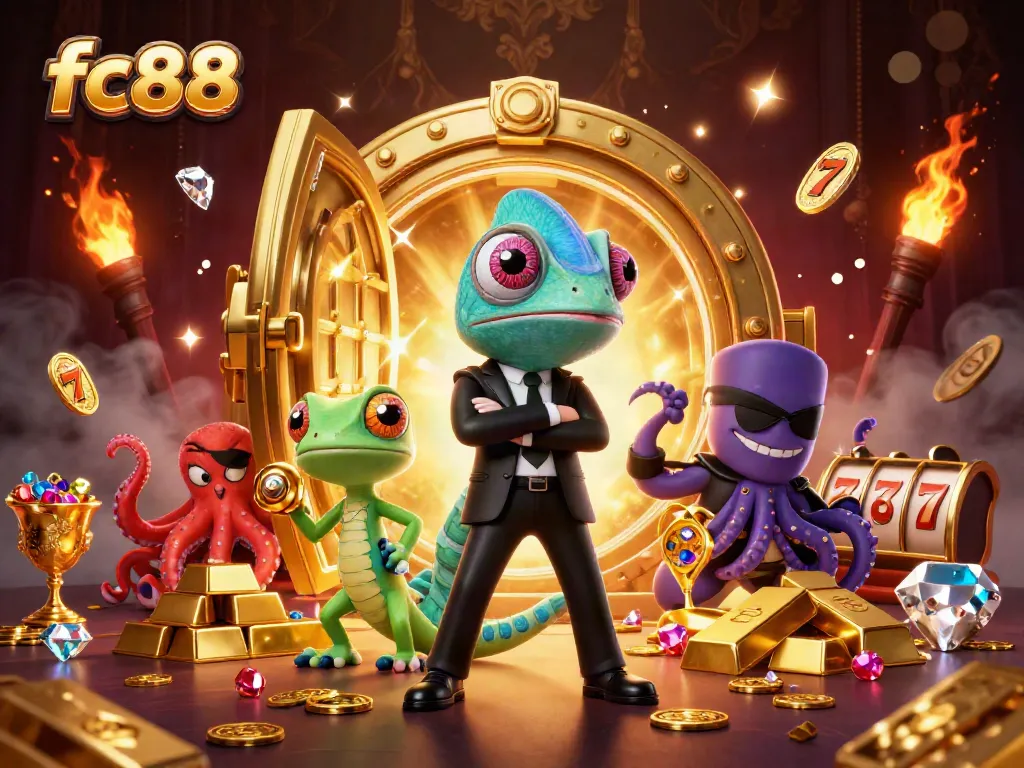 Spin the slots at fc88 with a chameleon agent and golden gadgets in an extravagant casino scene.