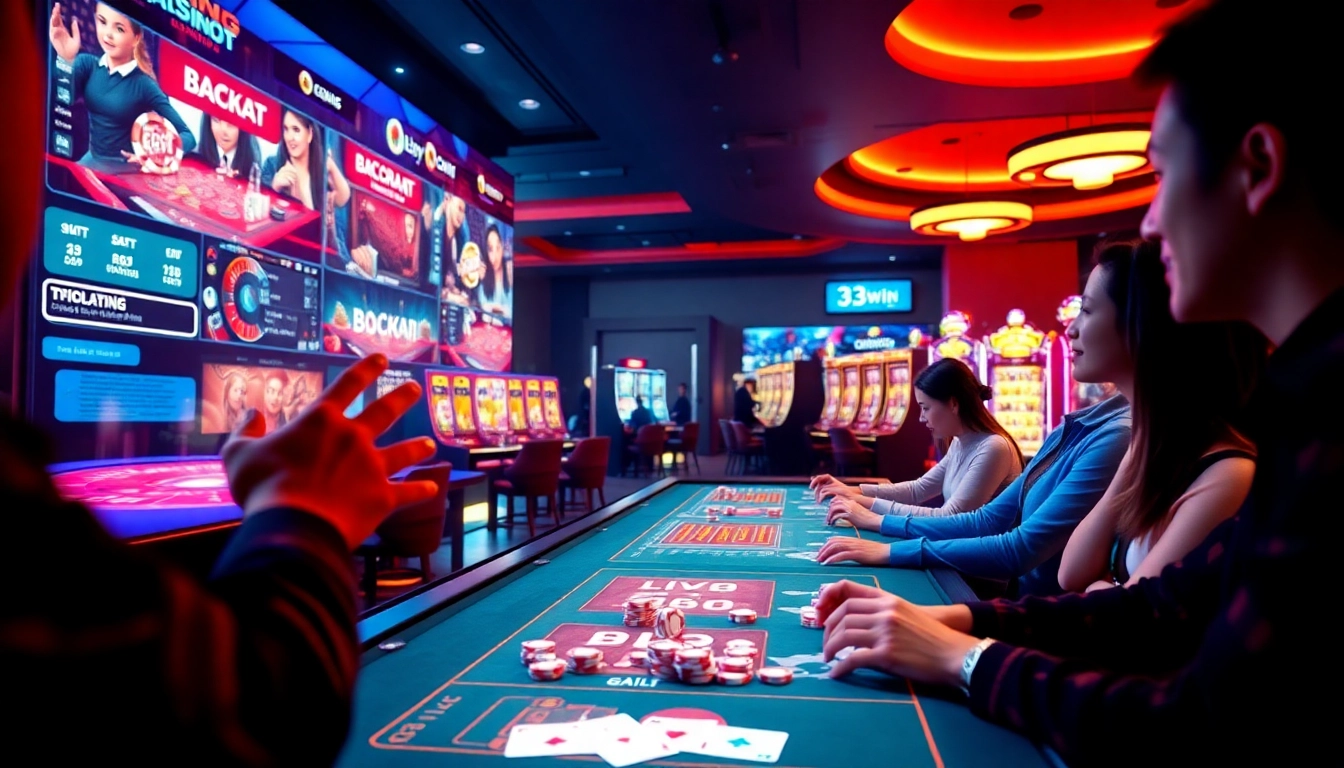 Exciting online gaming experience at 33win showcasing baccarat and vibrant slot machines.