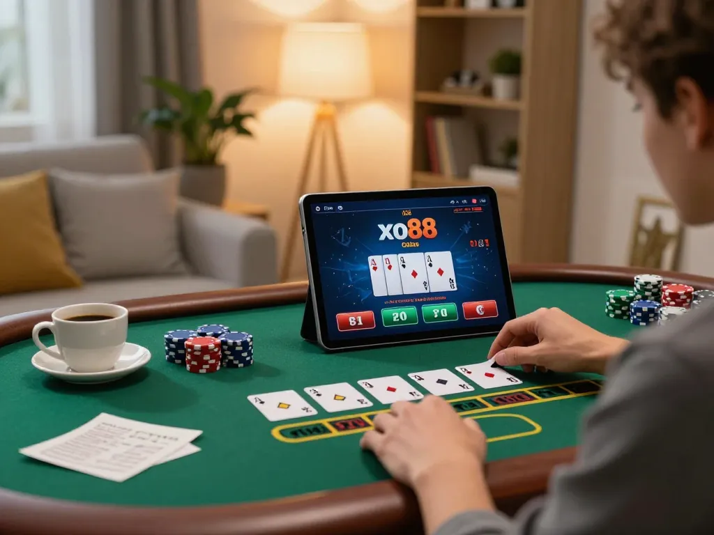 Player enjoying a thrilling game on xo88 casino tablet at home, focused on strategic play.