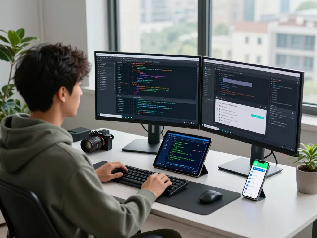 juicy ai developer coding AI chatbots in modern workspace with multiple monitors