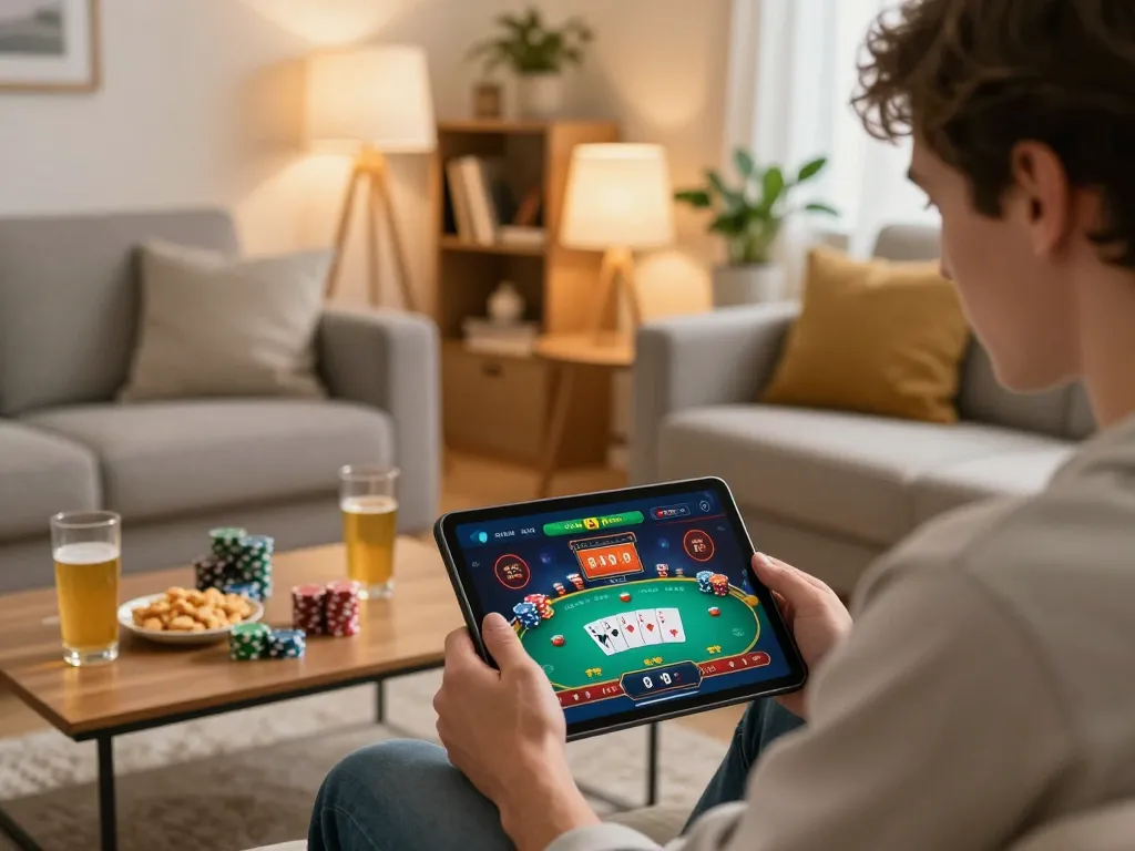 Player engaging with the 8xbet online casino interface on a tablet in a cozy home setting.