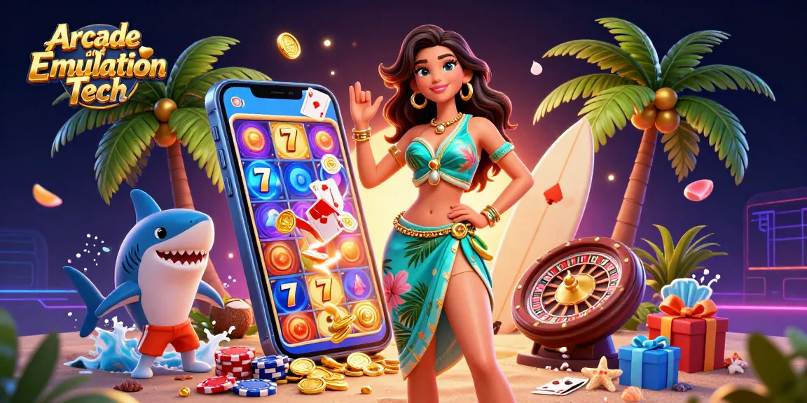 Engage with Arcade and Emulation Tech as golden coins and vibrant slot games collide in a thrilling digital landscape.