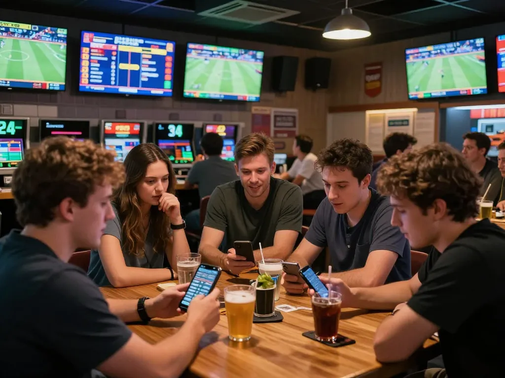 Fans analyzing odds on their smartphone at Nowgoal's sports betting lounge, showcasing excitement.