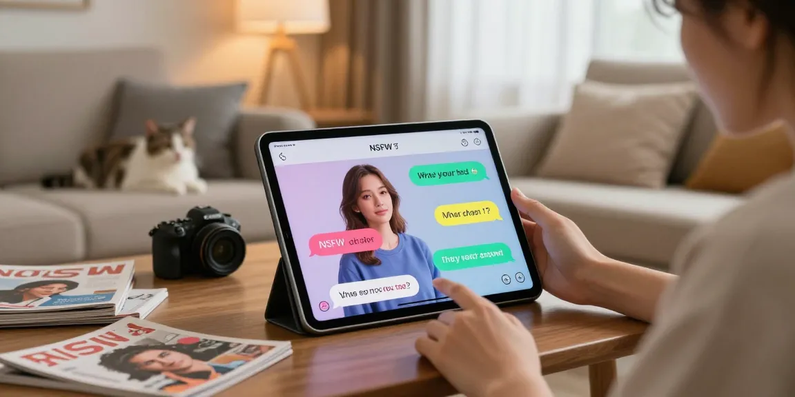 Interactive user enjoying an NSFW chat experience with AI character in a cozy living room.