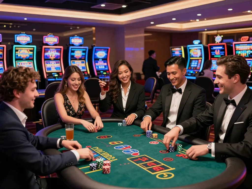Engaging scene showcasing friends enjoying various games at TV88 đối tác casino, vibrant and lively atmosphere.