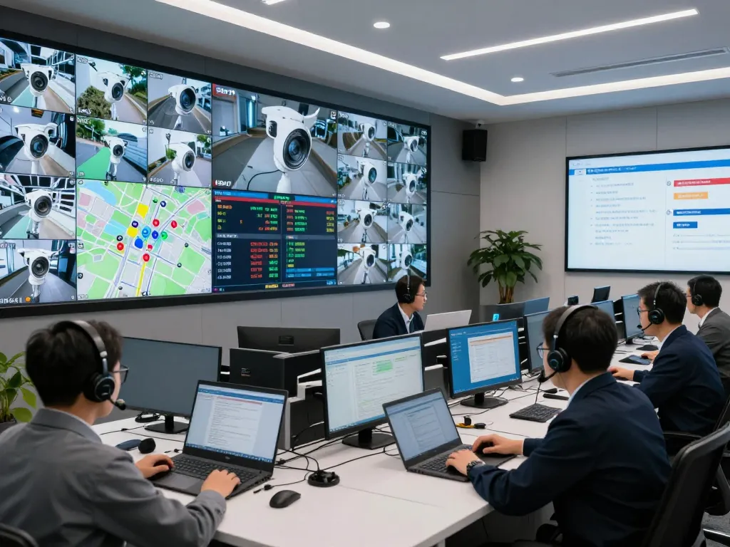 Technician monitoring HD4D camera feeds in a modern security center, showcasing advanced surveillance technology.
