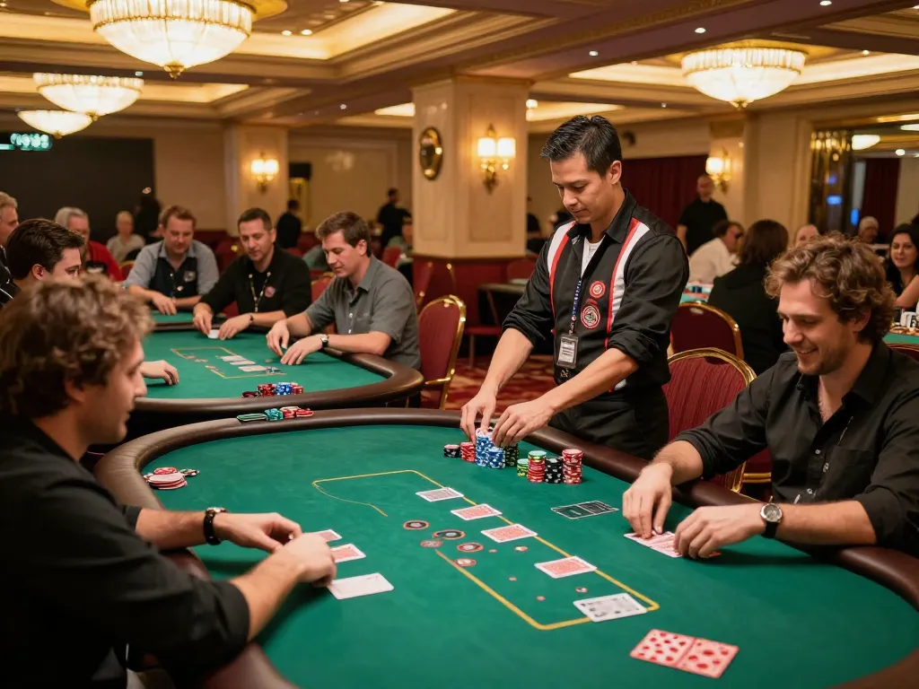 GO88 players enjoying poker at a vibrant casino floor, highlighting dynamic gameplay.