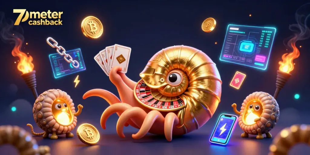 Experience the excitement of 7meter cashback with vibrant 3D casino elements and golden details.