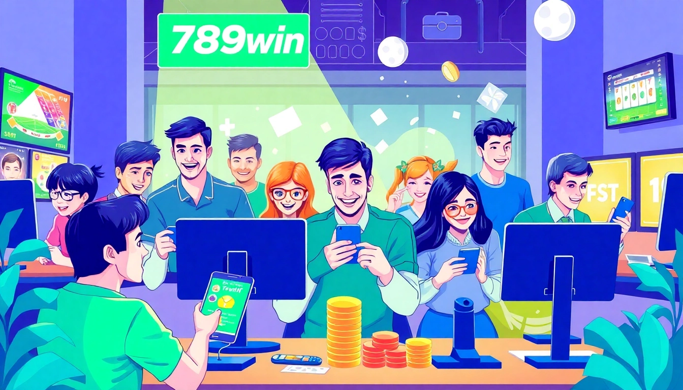 Exciting scene depicting users engaging with 789win's online gaming platform, showcasing sports betting and slot games.
