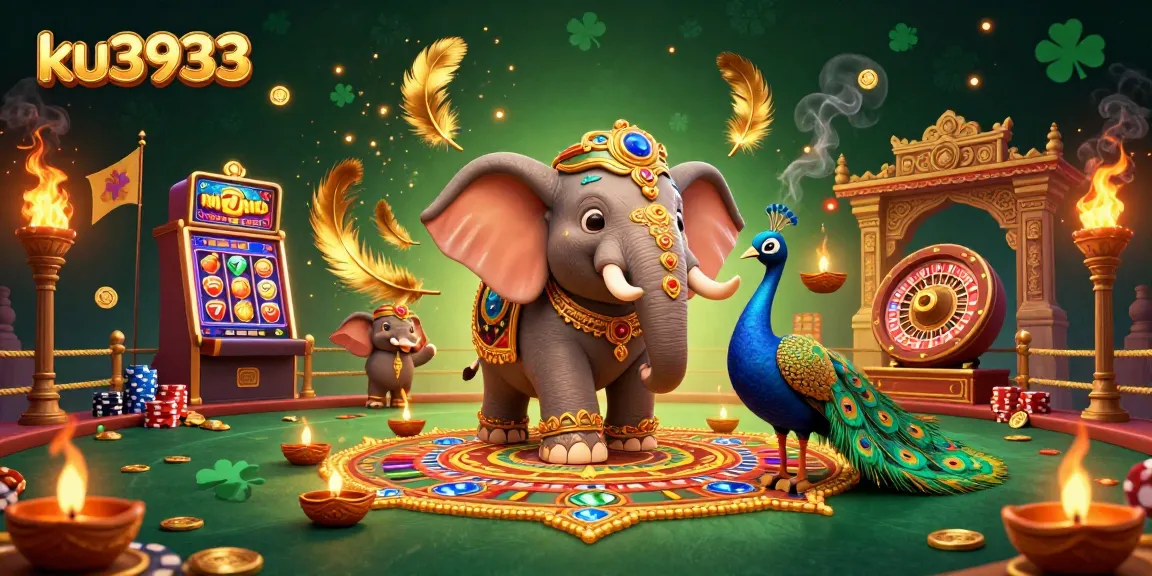 Engage with ku3933 in this vibrant 3D casino scene featuring a lucky Diwali elephant and exciting game elements.