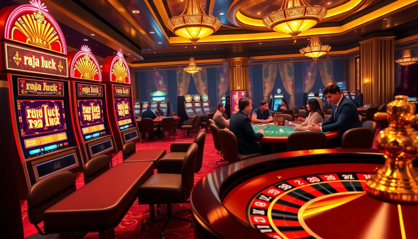 Experience the thrill of raja luck in a vibrant casino atmosphere filled with slot machines, poker tables, and roulette excitement.