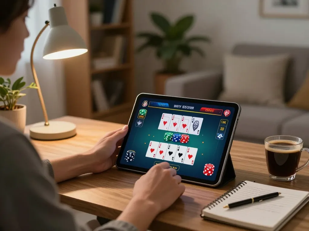 Engaging online poker gameplay showcasing Nk88 with user-friendly tablet interface and strategic betting notes.
