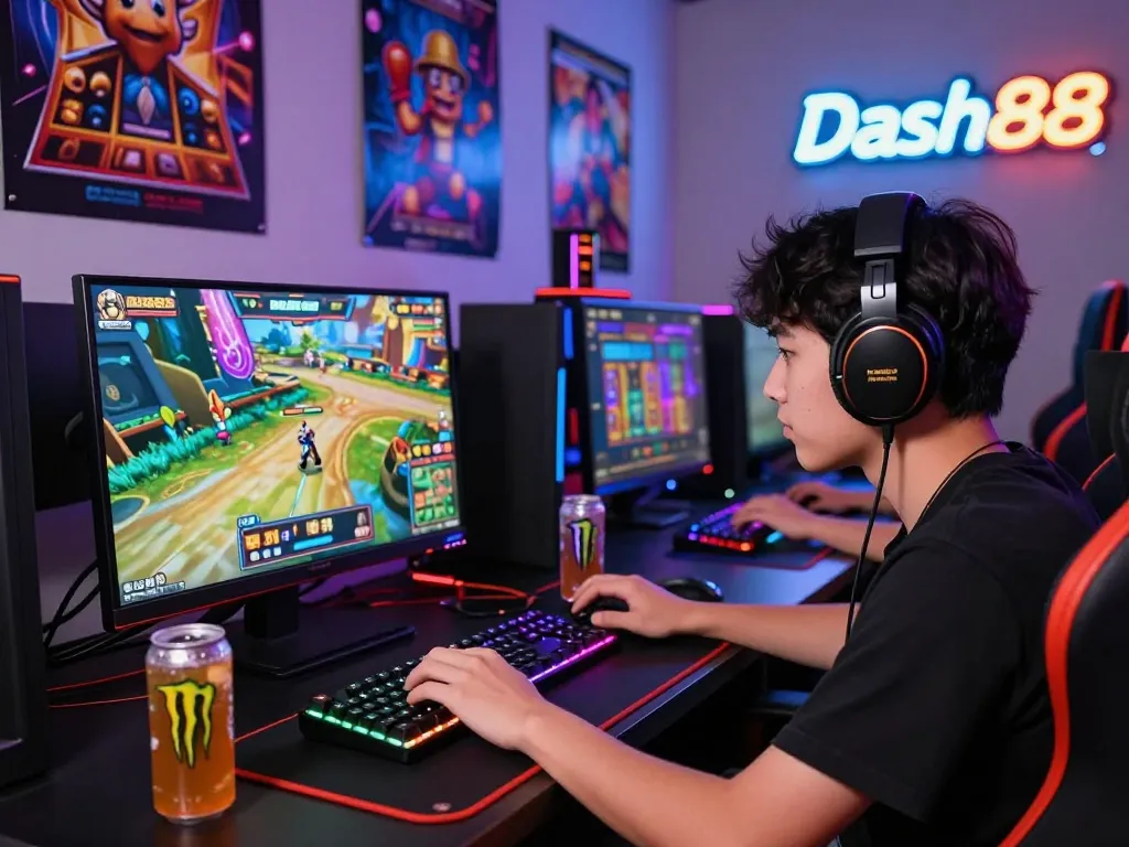 Youthfully engaged in online gaming on Dash88 with vibrant graphics, neon elements, and dynamic atmosphere.