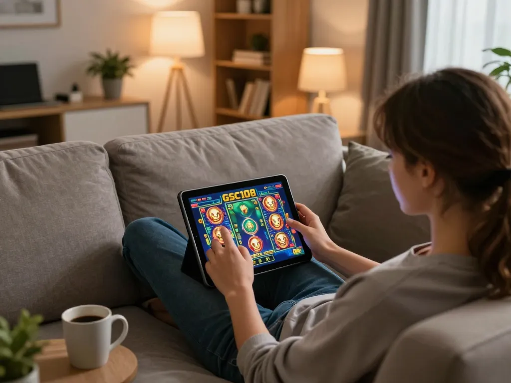 Player engaging with Gsc108 slots in a cozy home gaming setup, showcasing tablet and warm interior.