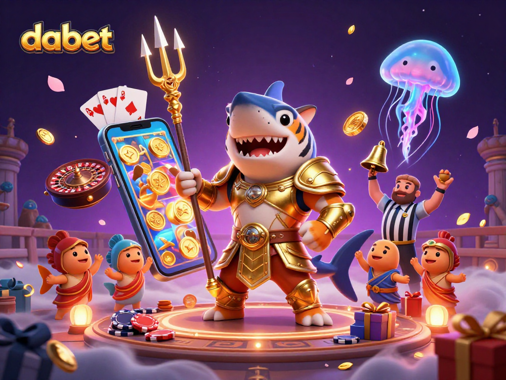 Experience the thrill of dabet with an underwater scene featuring a trident-wielding shark and slot games.