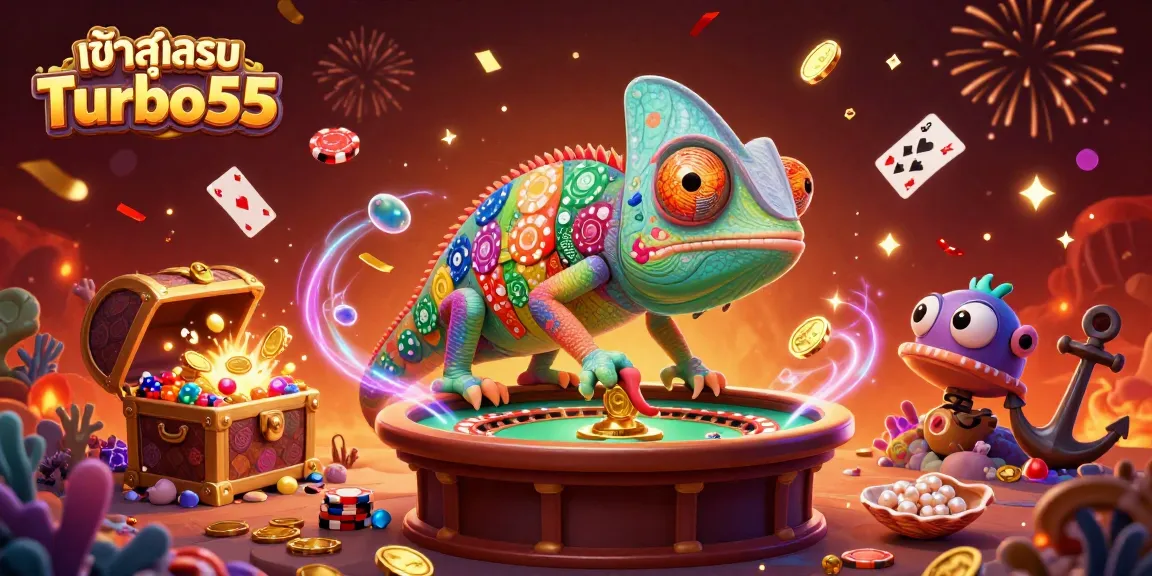 Engage with the vibrant casino environment at เข้าสู่ระบบ Turbo55 featuring dynamic 3D cartoon chameleon owner.