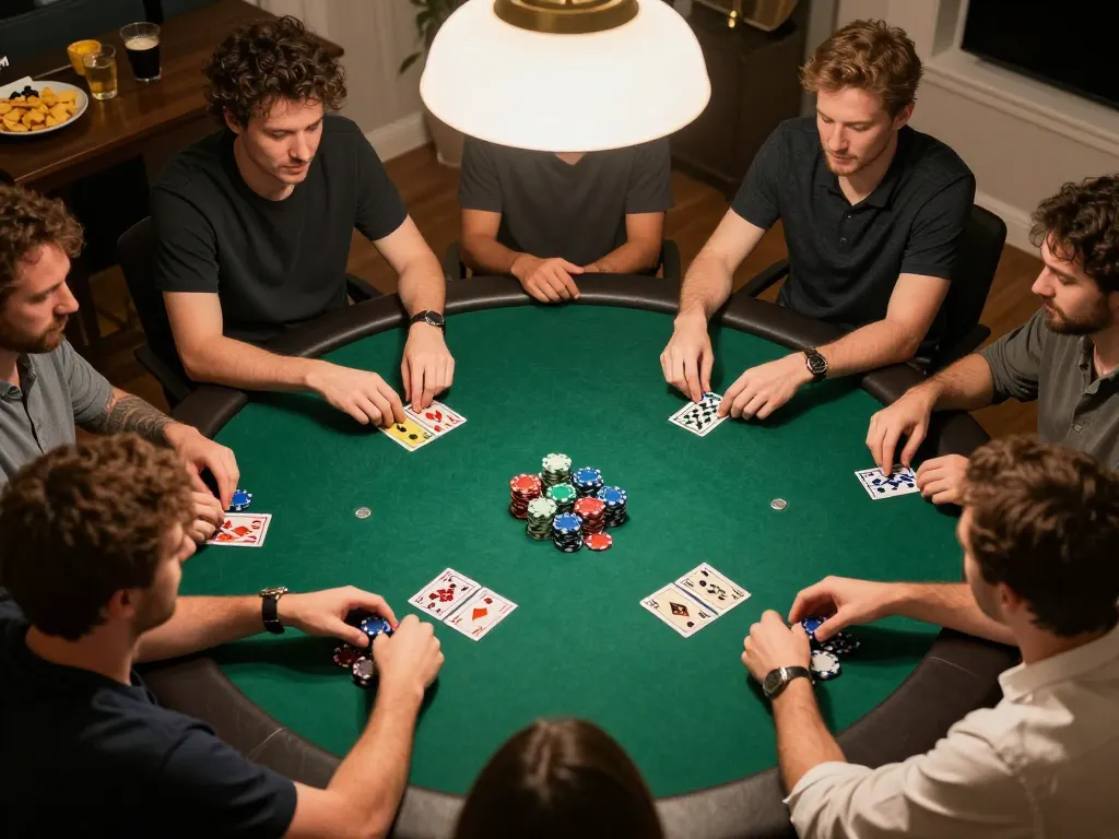 Players immersed in a poker game at home, showcasing game bai strategy and camaraderie.