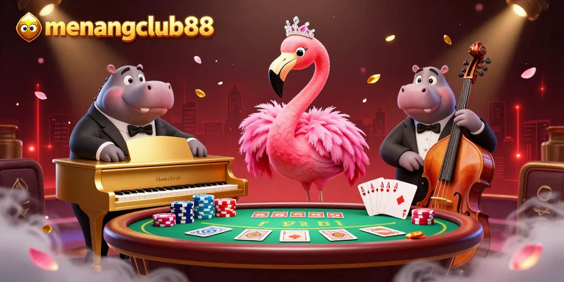 Engaging scene at menangclub88 with a flamingo singer and hippo bassist amid dynamic poker elements.