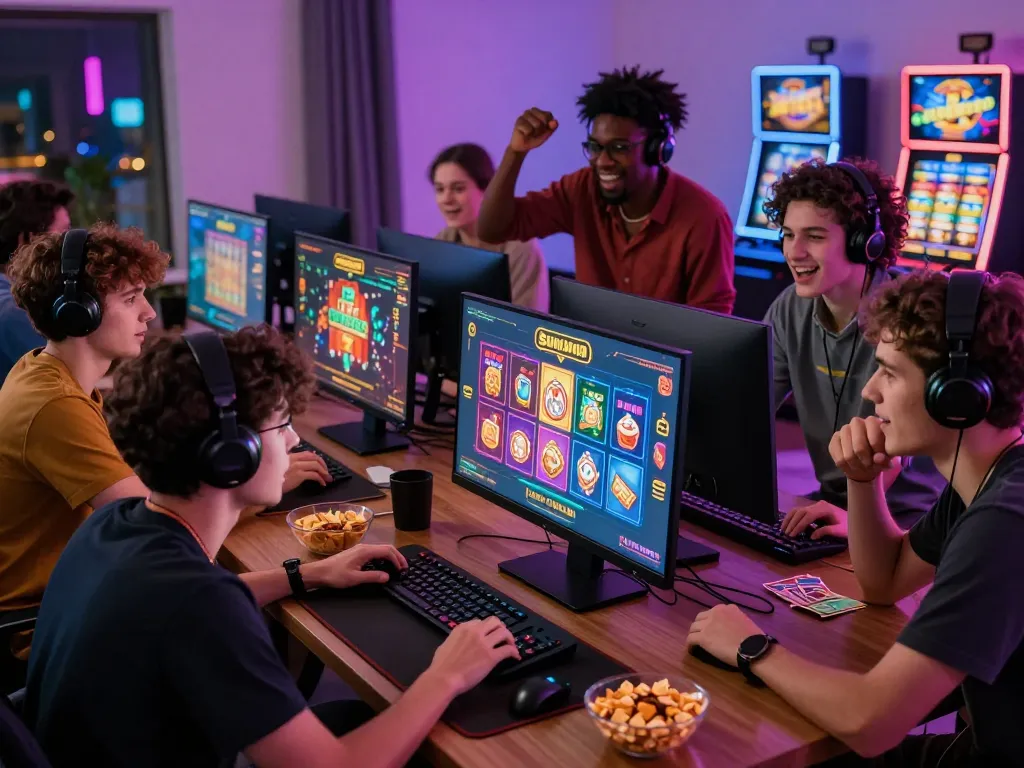 Excited friends playing cổng game sunwin online in a vibrant gaming environment.