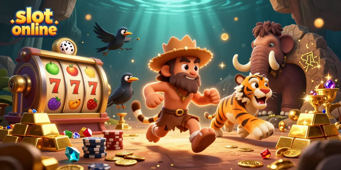 Experience thrilling slot online adventures with a playful caveman, sabertooth tiger, and clever crow celebrating casino wins.