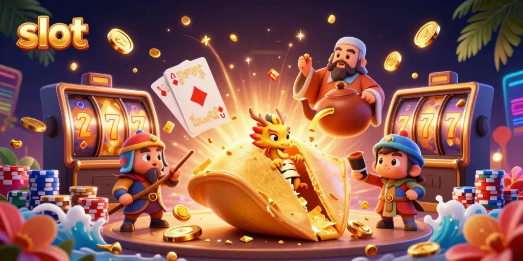 Engaging scene of slot game excitement with golden fortune cookie and dragon amidst vibrant casino elements.