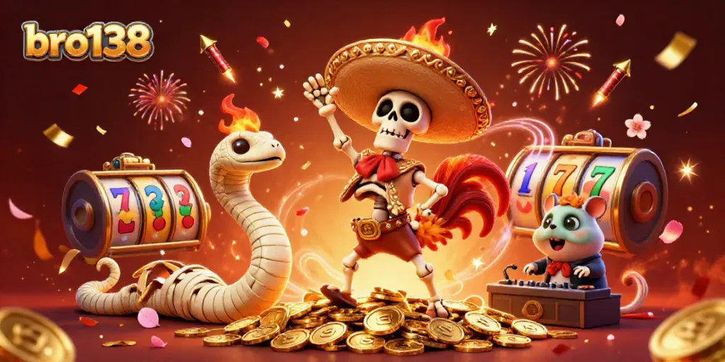 Experience the fun at bro138 with a lively casino-themed celebration featuring dancing characters and slot reels.