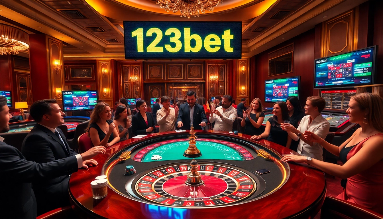 Experience the thrill of betting at 123bet with lively casino visuals, including roulette and poker scenes.
