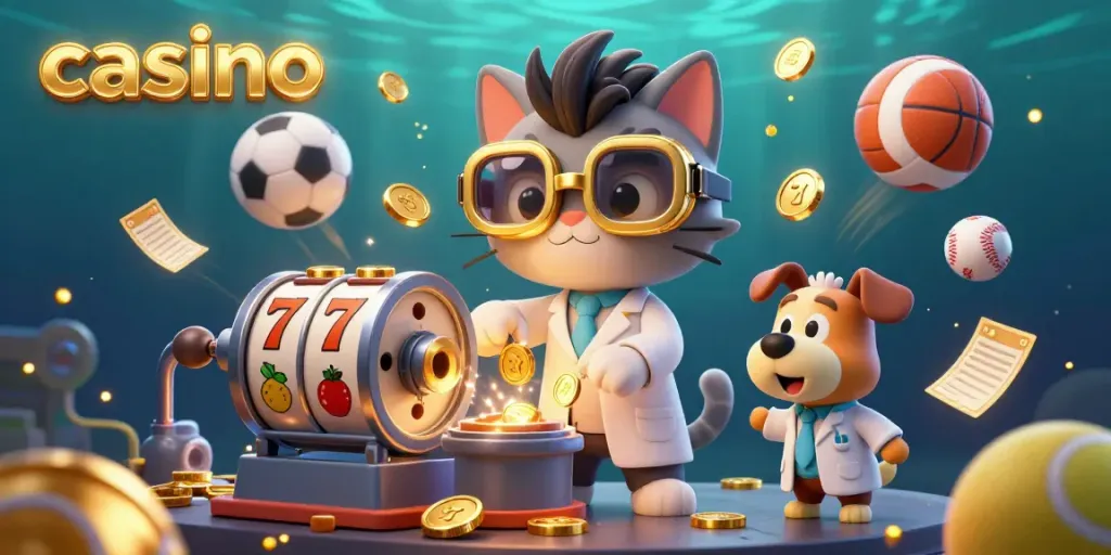 Creating exciting casino slot machines with a cartoon mad scientist cat and dog in a lively lab.