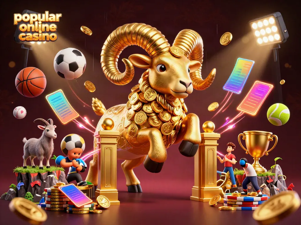 Experience the thrill of a popular online casino with a dynamic 3D scene showcasing a golden ram charging amidst sports betting elements.