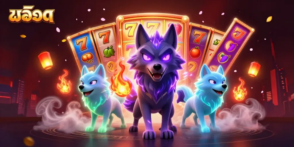 Spin the สล็อต reels with phantasmal wolves and colorful jackpot elements illuminating the scene.