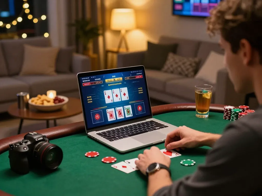 Player engaging on cucu777 site while strategizing in a cozy home setting.
