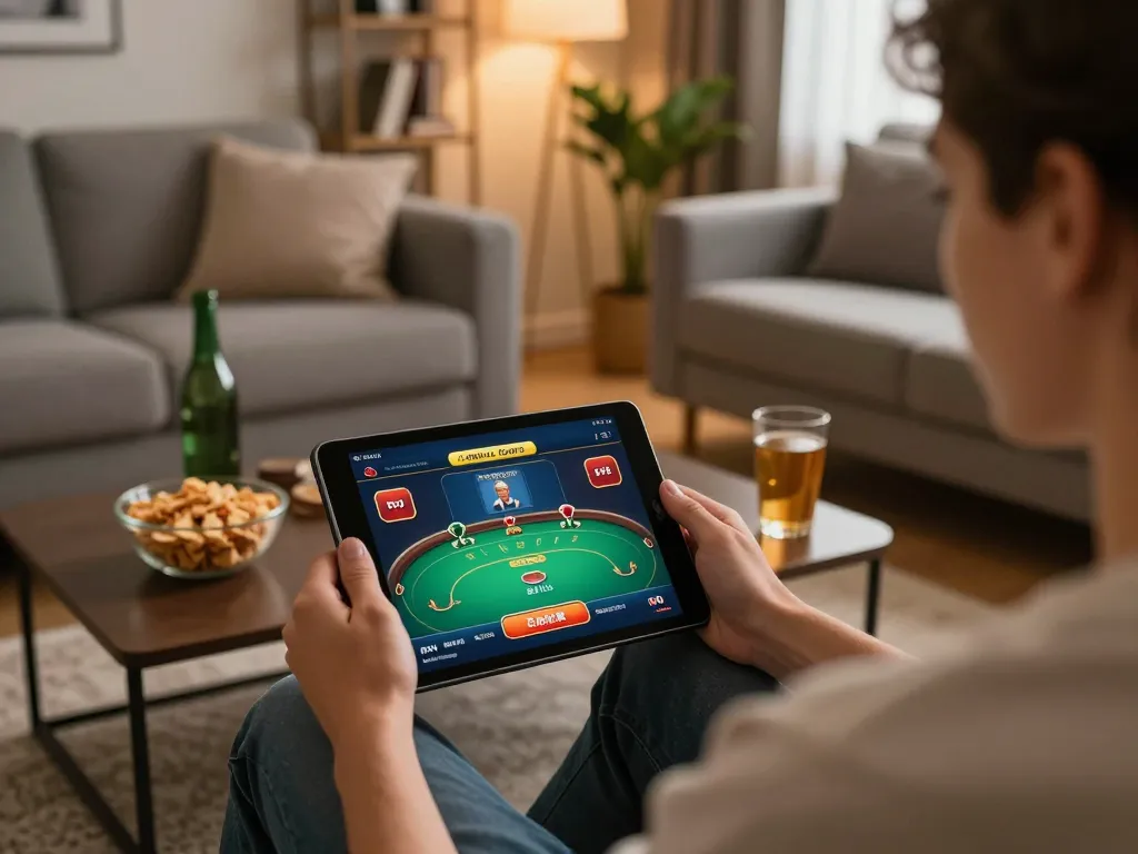 LLWIN user enjoying online poker game on tablet in cozy home setting, highlighting responsible entertainment.