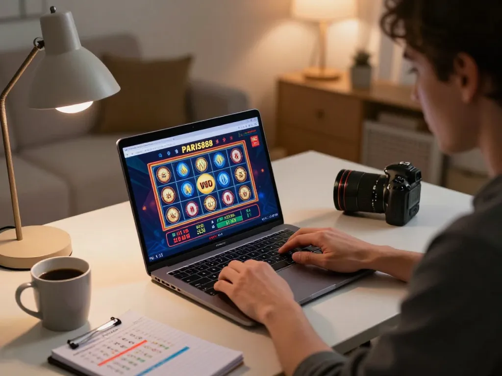 Engaging online gaming scene with Paris888 slot interface, strategic betting in cozy atmosphere