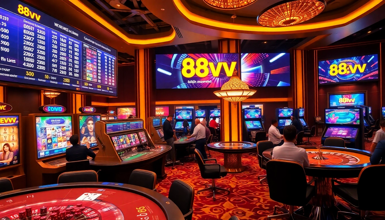 Engaging online gaming experience with 88vv logo and casino elements like slots and poker.