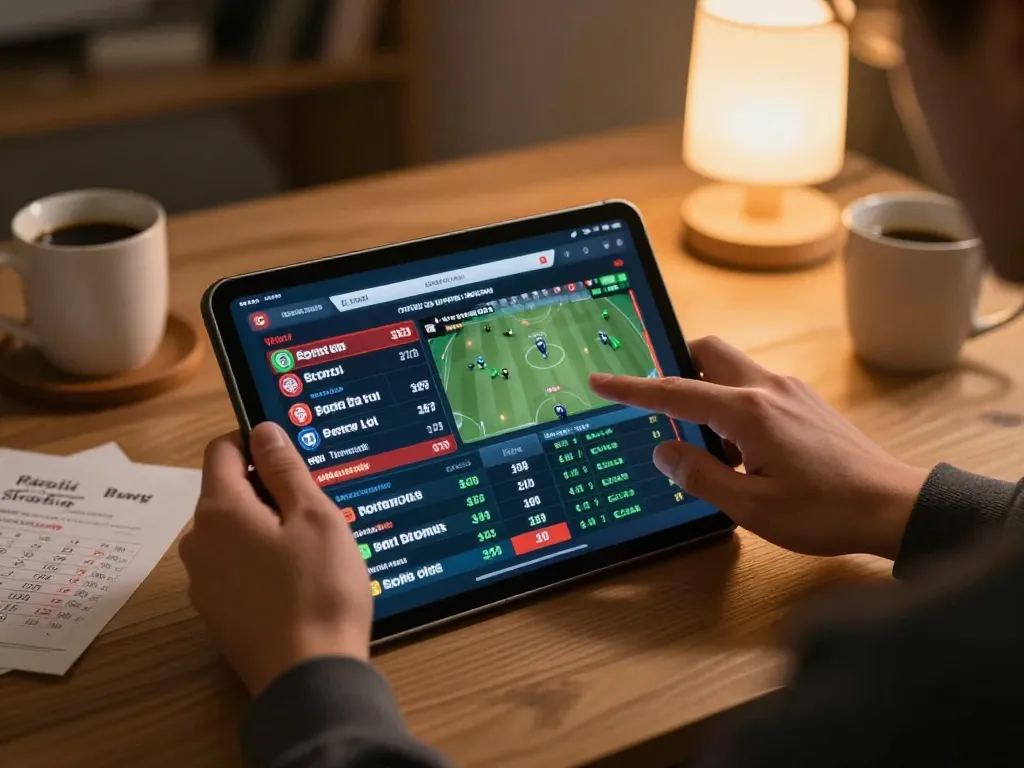 Engaged in sports betting at home, aa88 user tracking live odds on tablet for competitive gaming experience.