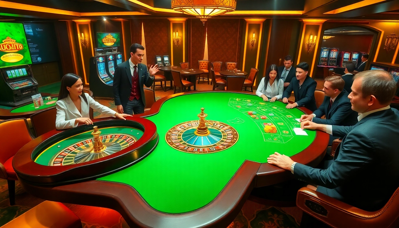 An exciting casino scene featuring LINK 8DAY with players engaged at a roulette wheel and poker table.