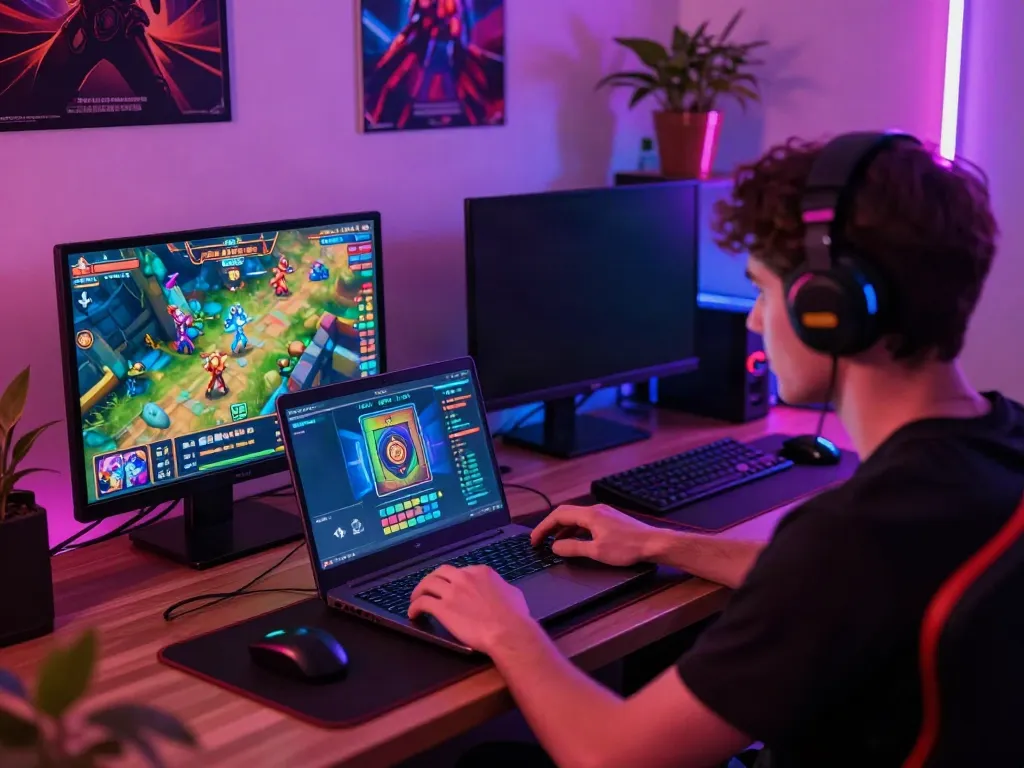 Gamer menikmati judi pragmatic online dengan laptop dan smartphone, dikelilingi oleh grafis game berwarna-warni.