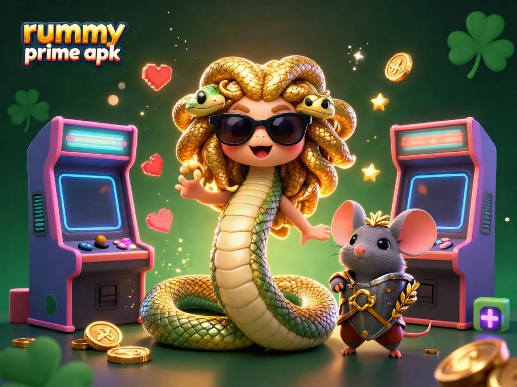 Play rummy prime apk with a vibrant 3D illustration of Medusa and a warrior mouse surrounded by gaming elements.