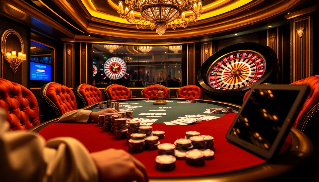 Engaging poker players at a qh88 casino table surrounded by vibrant chips and a roulette wheel.