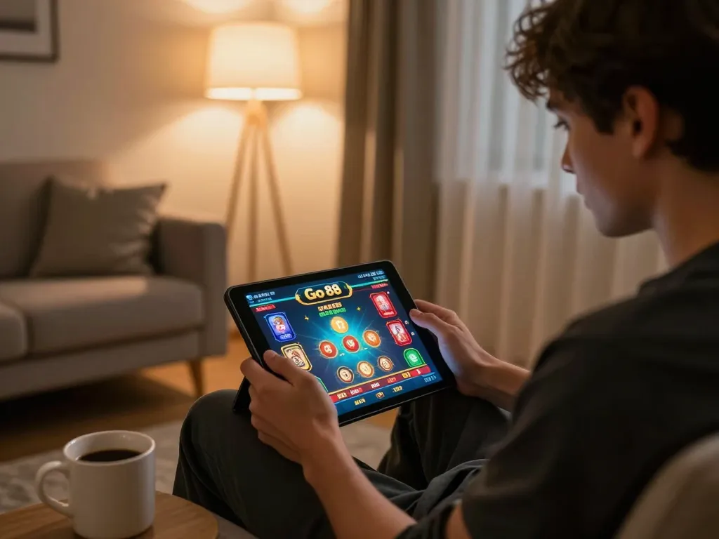 Engaging in online betting with the Go 88 app on a tablet during a cozy home gaming session