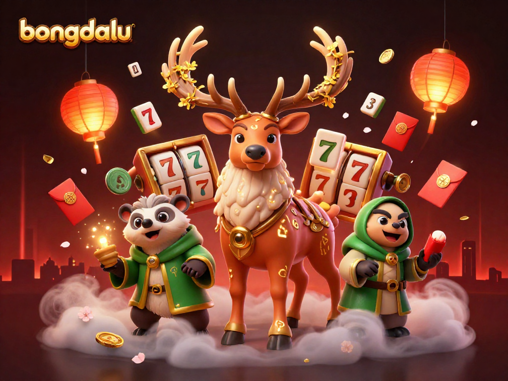 Bongdalu's vibrant gambling scene featuring a Celtic druid stag surrounded by slot reels and festive elements.