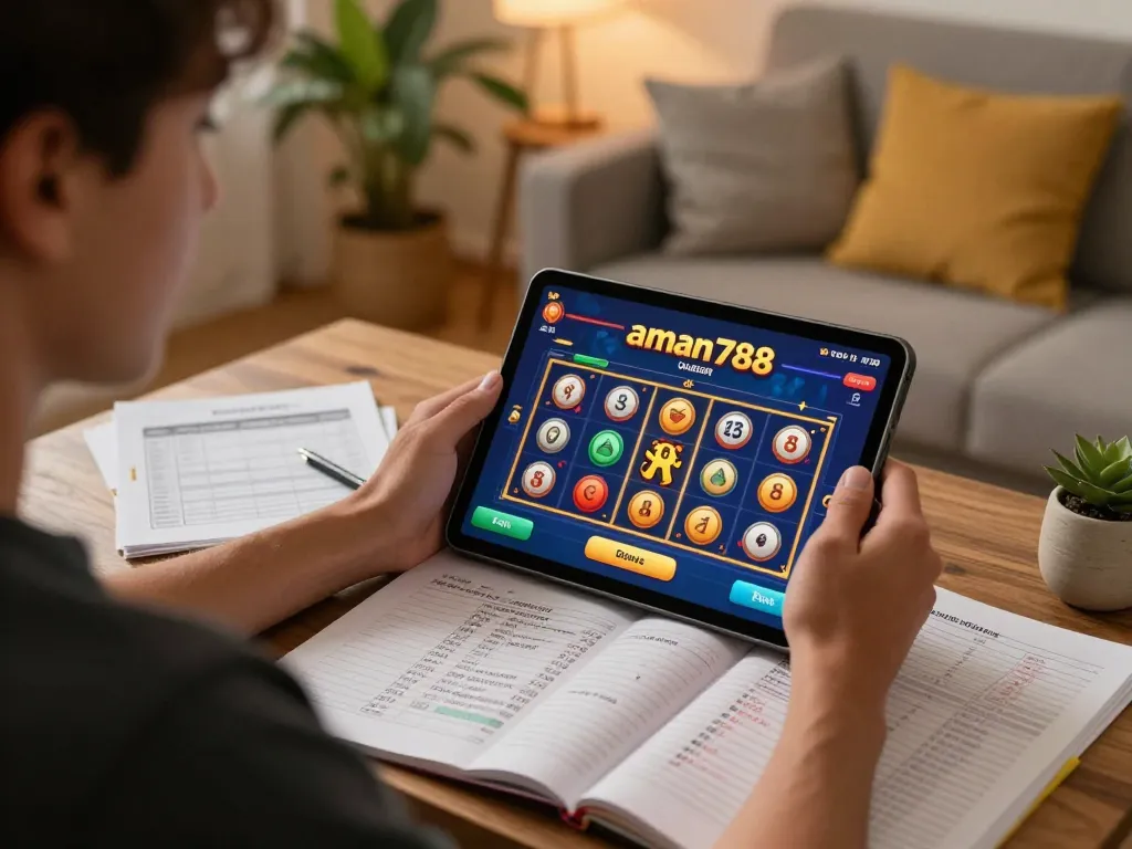 A player explores the aman788 slot game on a tablet in a cozy home setting, showcasing responsible gaming habits.