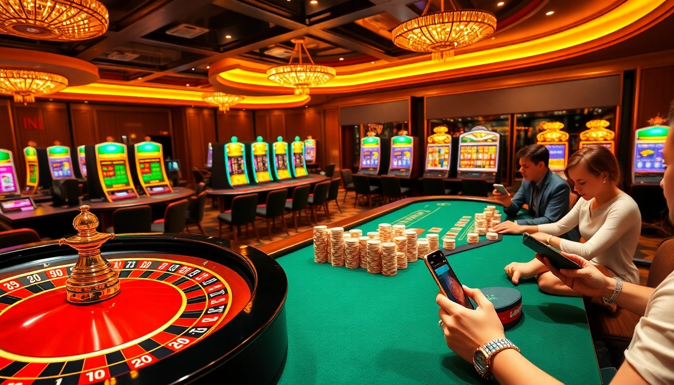 Kiss888 players enjoying an exciting online casino experience with vibrant slot machines and live dealer tables.