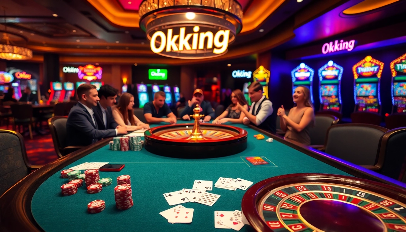 Experience the thrill of gambling at an Okking-themed casino with vibrant tables and exciting gameplay.