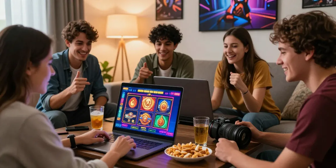 Friends enjoying new online slot sites on a cozy living room setup, displaying colorful game graphics.