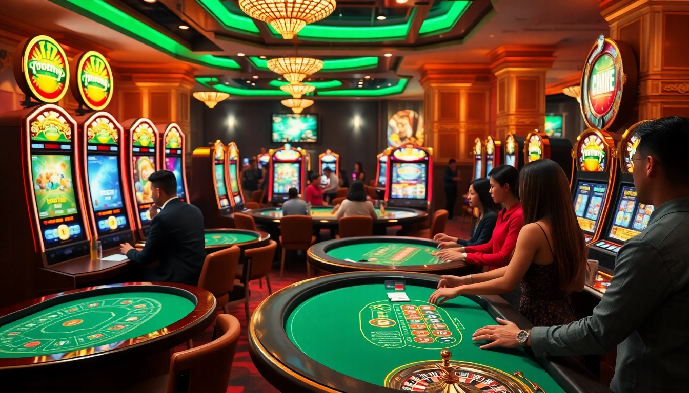 Engaging gamblers at https://9keonhacai.com/ surrounded by luxurious casino tables and vibrant slot machines.
