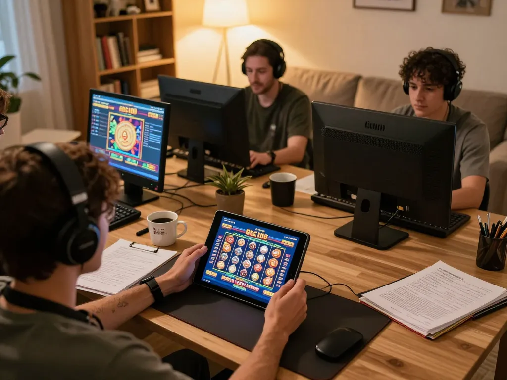 Pemain terlibat dengan permainan slot Gsc108 di tablet dalam suasana rumah yang nyaman, menunjukkan perjudian online yang bertanggung jawab.