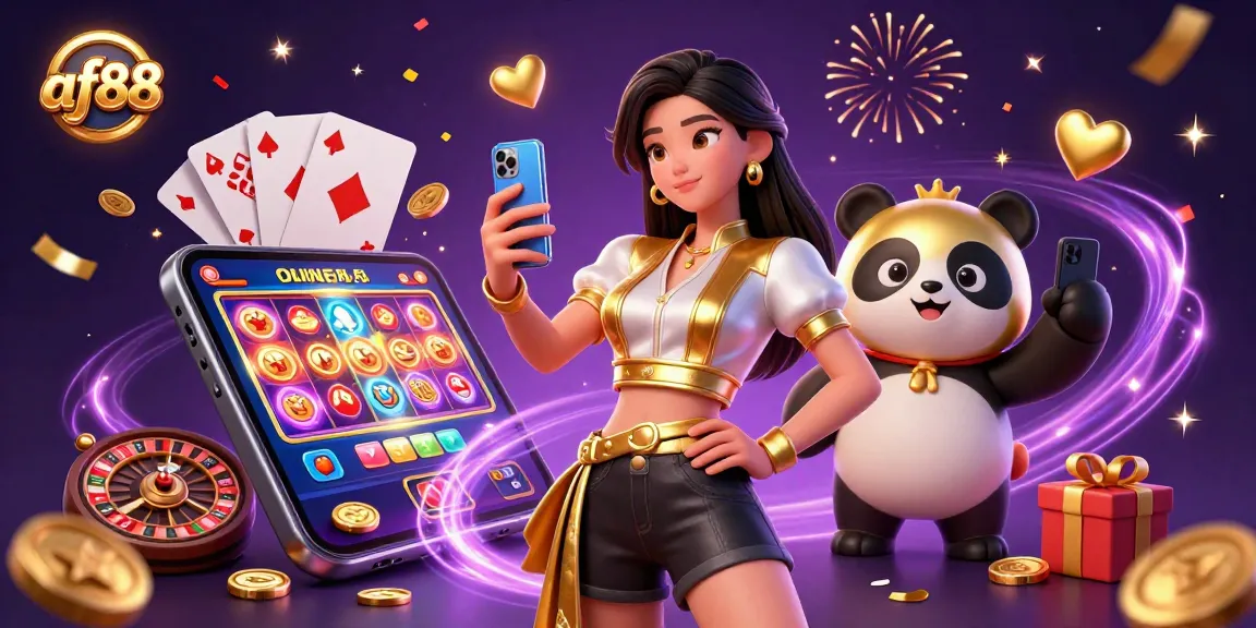 Experience the excitement of af88 online gaming with a vibrant casino scene featuring slot games and a golden panda mascot.