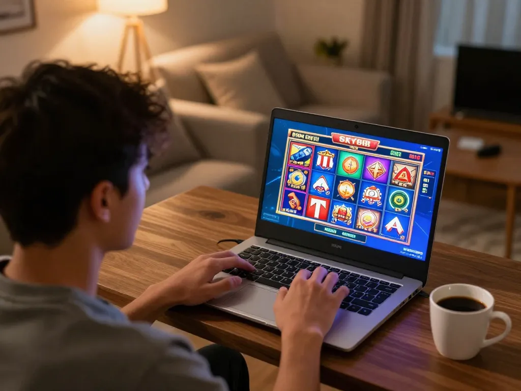 Player enjoying an online gaming session on SKY88, showcasing vibrant slots interface at home.