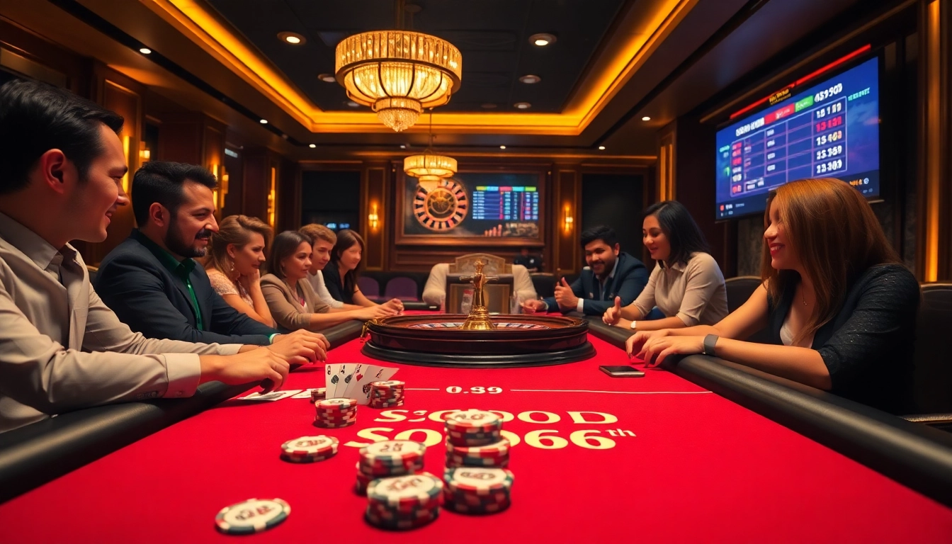 Engaged players enjoying a thrilling poker game at a SODO66 casino table, showcasing excitement and strategy.